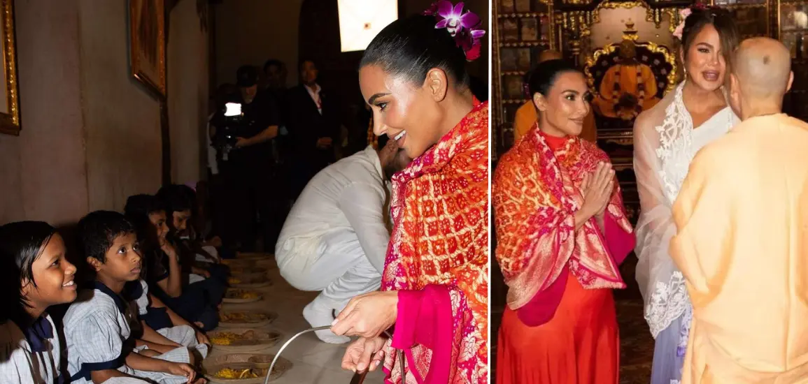 Kim Kardashian and Khloe Kardashian serve food to children at ISKCON temple in India