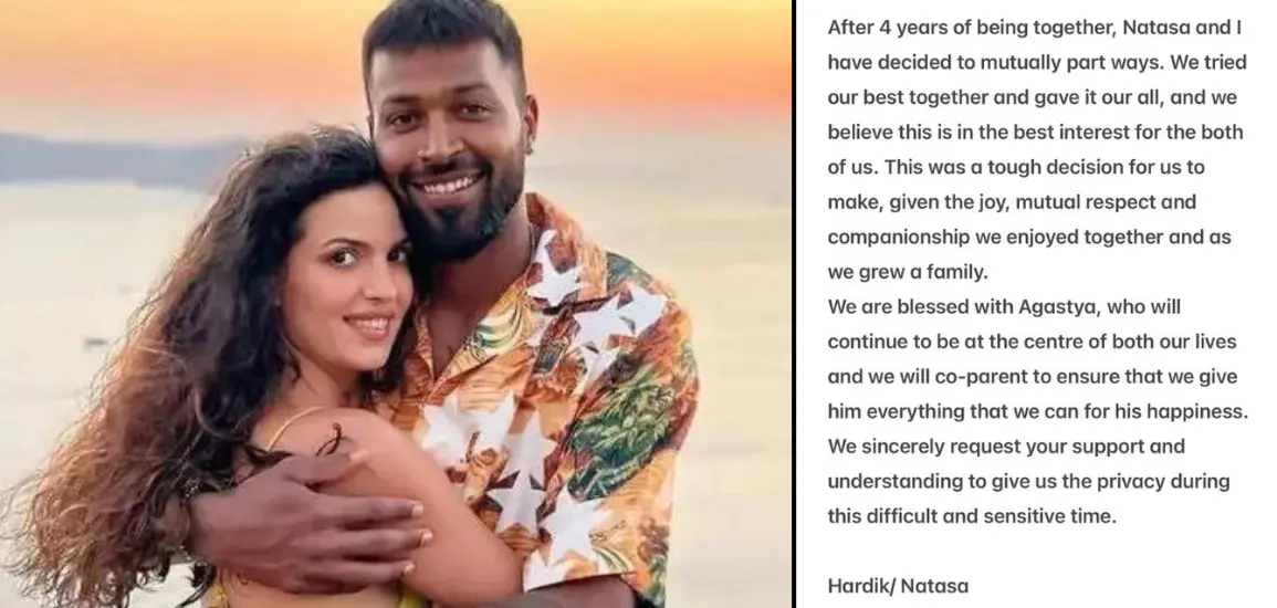 Hardik Pandya announces divorce from his wife, Natasa Stankovic, after four years of marriage